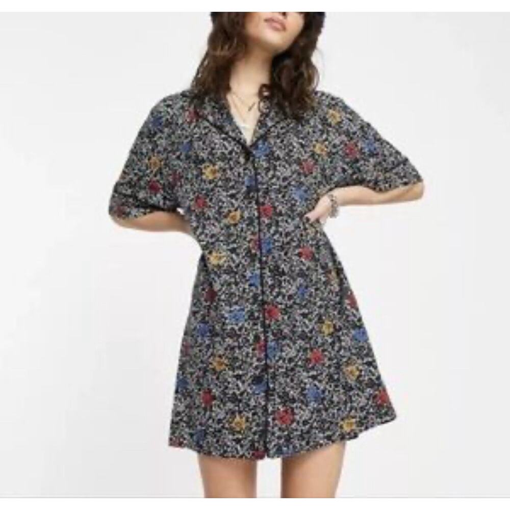 Topshop Button Front Shirt Dress Women's Sz 8 Black Floral Linen Blend Resort